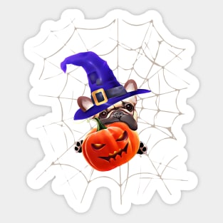 French bulldog, witch hat and Spider web, scary Halloween, jack pumpkin, spooky Sticker